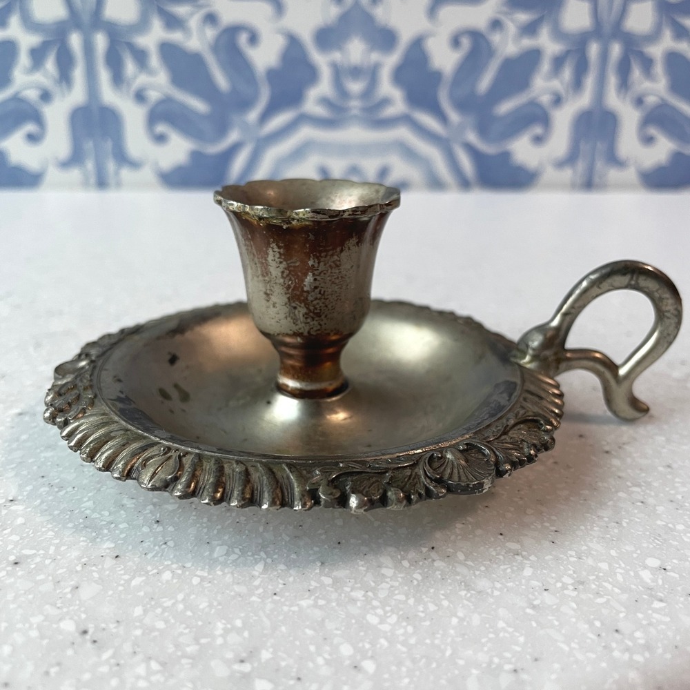 Vintage Silver Plated Chamberstick Candle Holder Finger Loop Ornate Scalloped